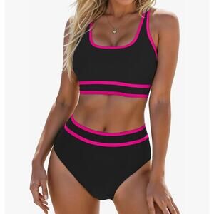 Blooming Jelly High Waist Two Piece Sporty Bikini Set Black Pink Small NEW